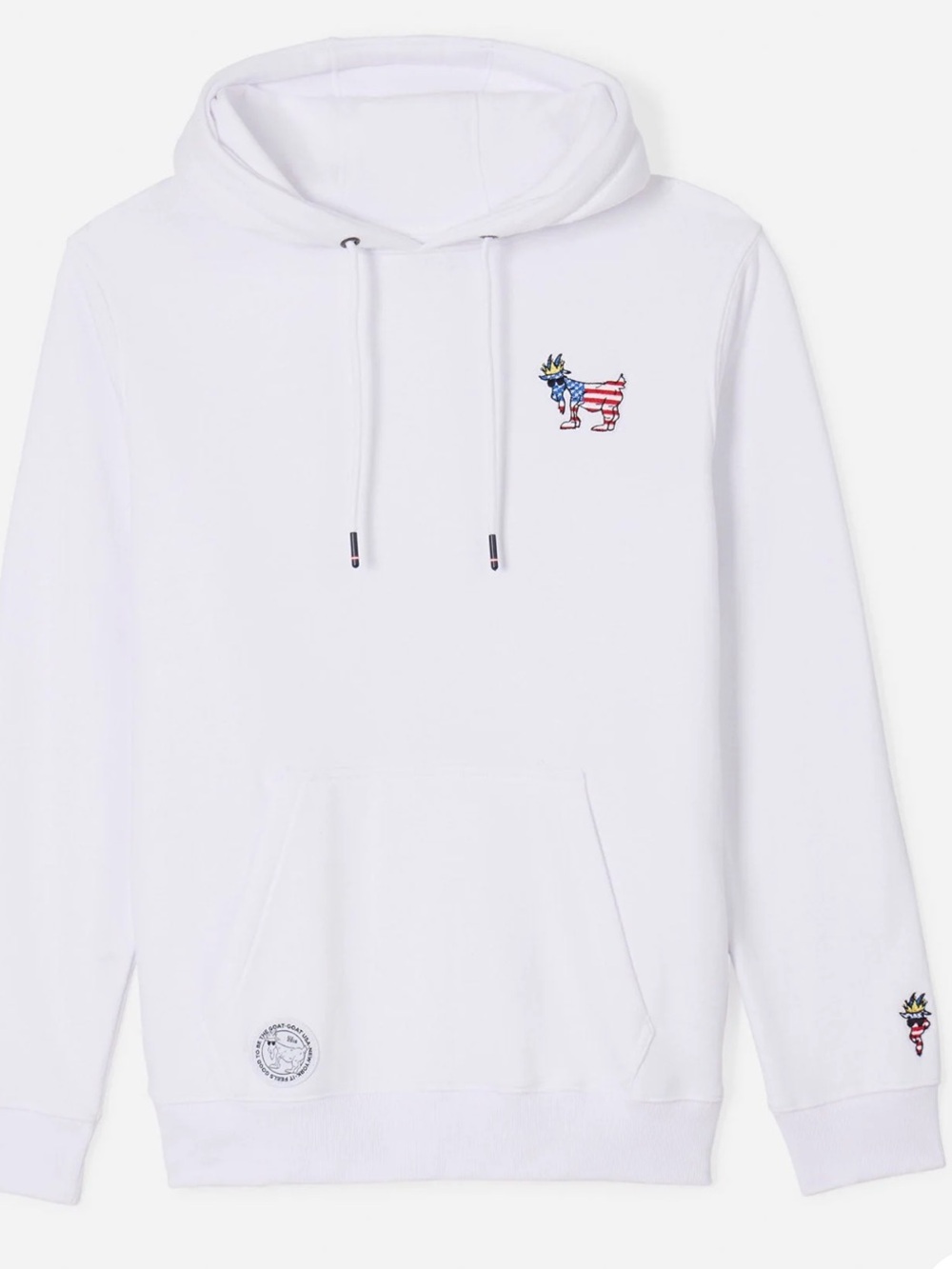 GOAT White Men's Pullover Hoodie with Embroidered Goat Flag Motif